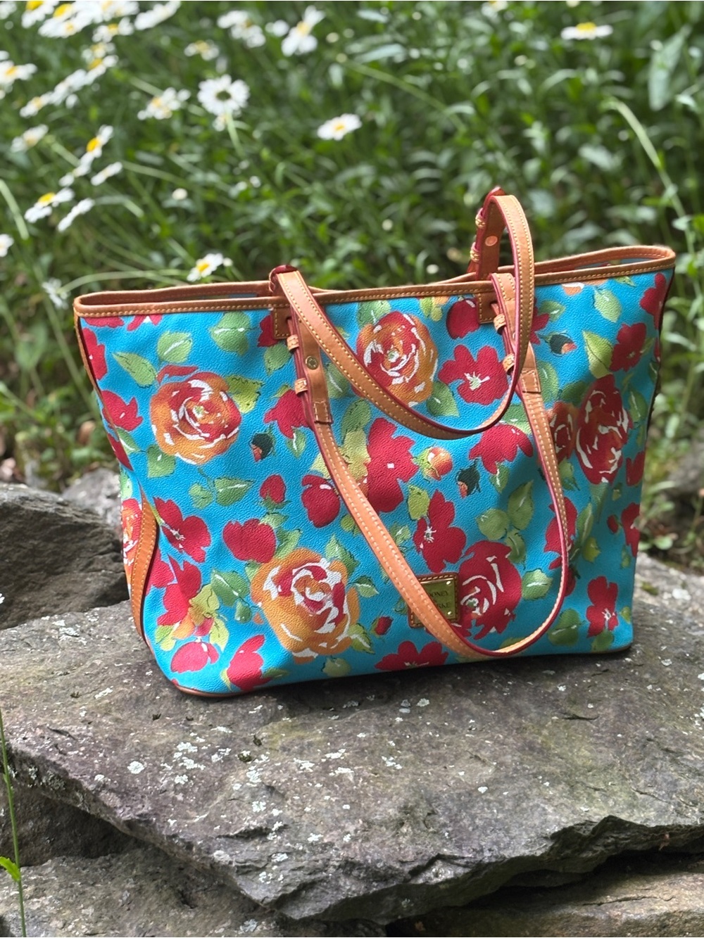 Dooney & Bourke Floral Coated Canvas Tote Leather Trim Floral Print.
